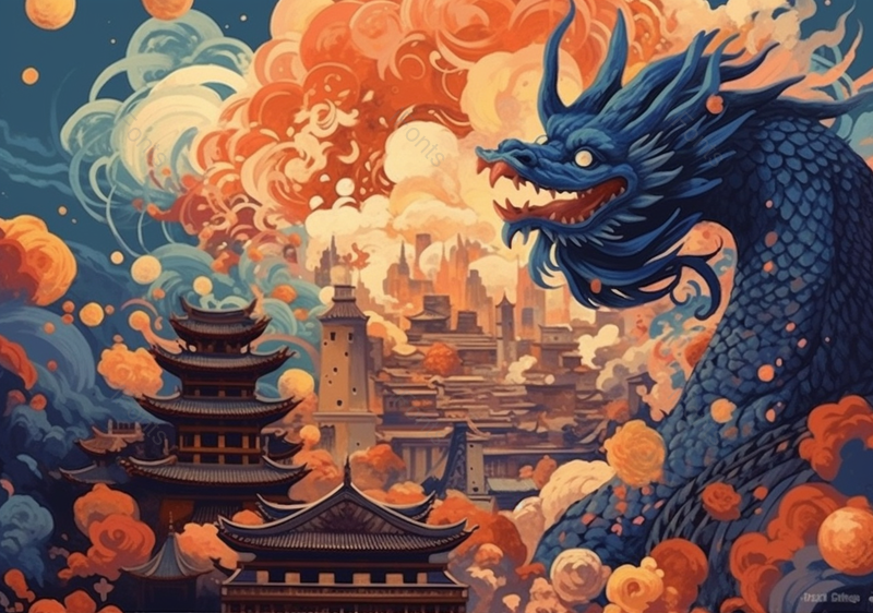 一条龙王注视着古建筑国潮节日背景插画,插画/手绘图,插画/手绘图库,插画/手绘图下载,插画/手绘